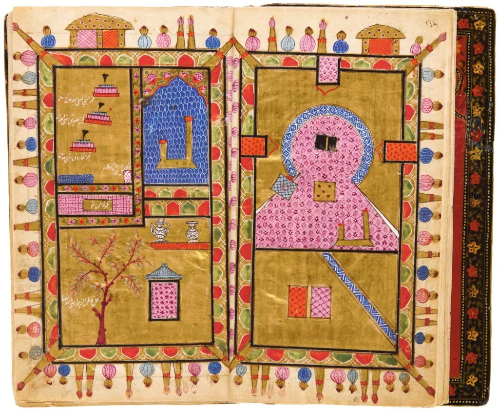 Double page depicting the Holy Sanctuaries in Mecca and Medina. Kashmir. Dated 1808/1223 AH.